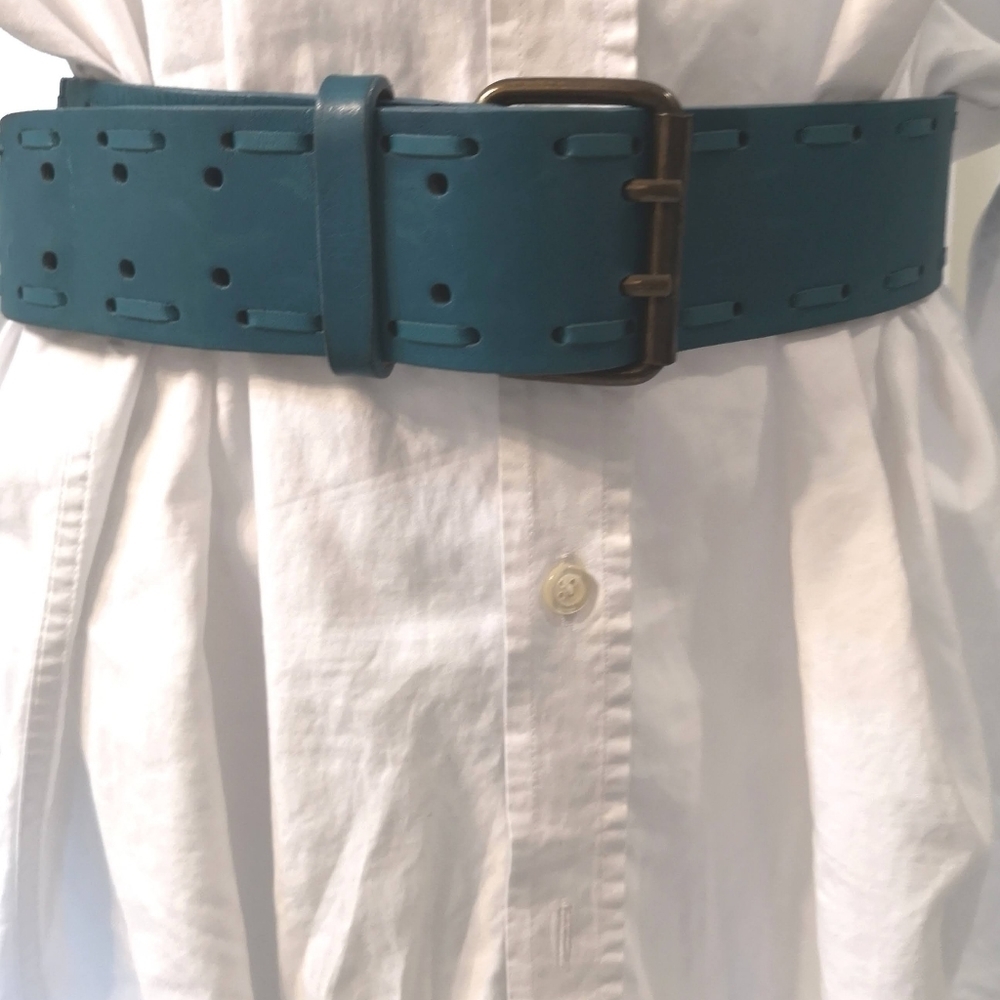 Y2k Vintage Aquamarine Blue Whipstitch Double Prong Antique Brass Leather Belt